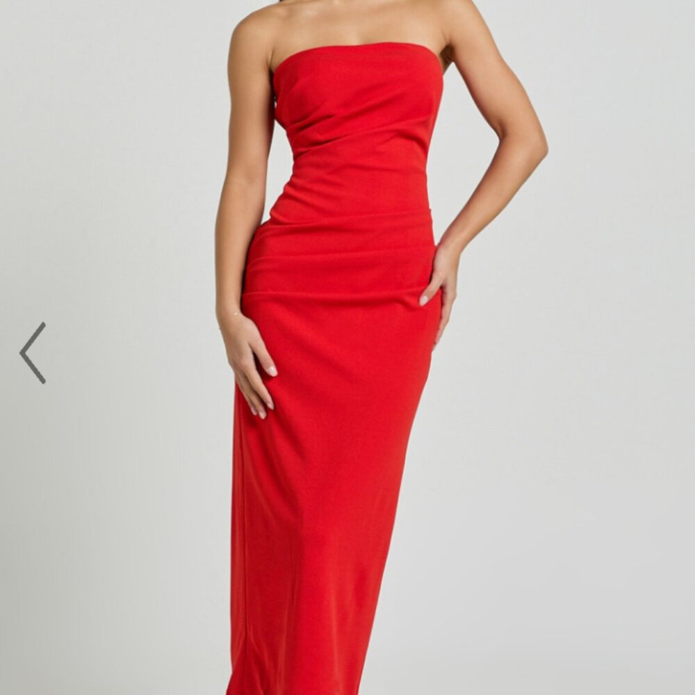Showpo Calanthe Midi Dress - Strapless Tuck Detail Dress in Red Size 12